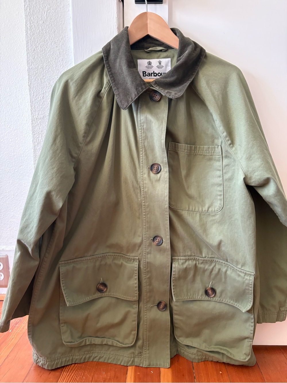 Barbour Olive Green Pennycress Utility Jacket with Dark Corduroy Collar